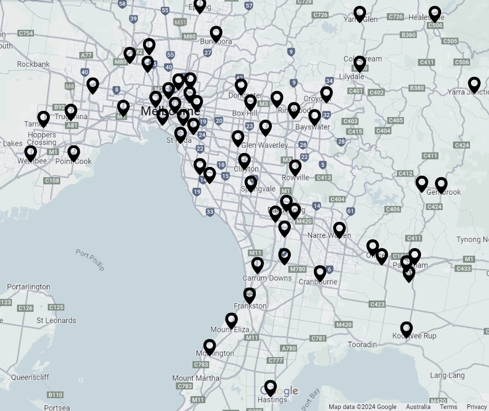 Map of Melbourne with markers showing Fire Pump Refuelling service locations